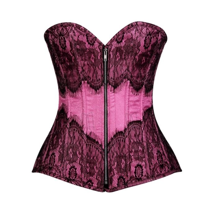 Lt Pink Brocade overbust Corset with Eyelash Lace