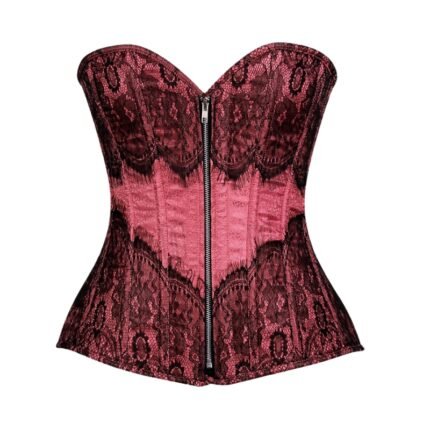 Tea Pink Brocade overbust Corset with Eyelash Lace
