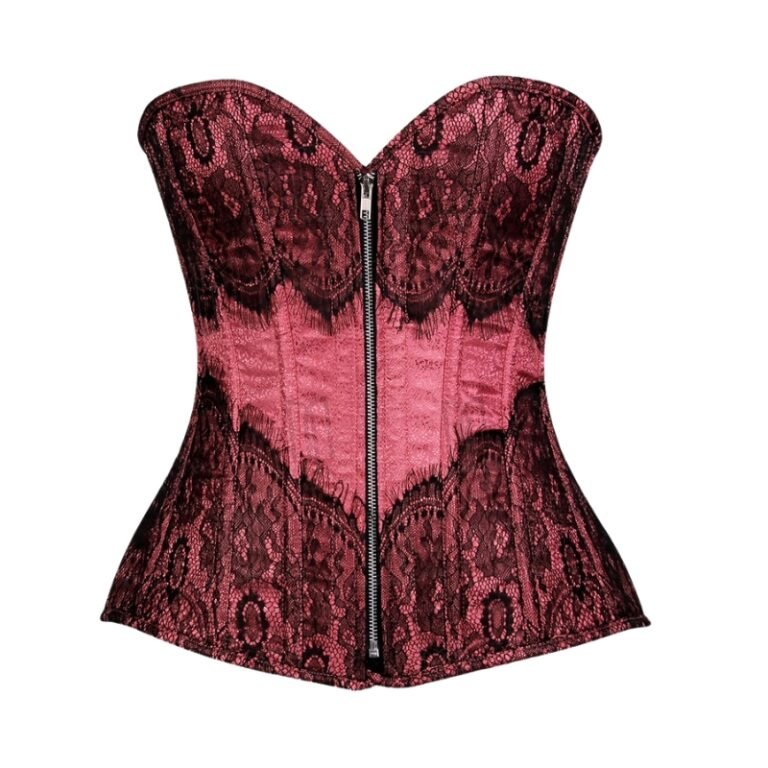 Tea Pink Brocade overbust Corset with Eyelash Lace