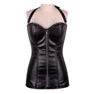 black Faux Leather Overbust Short Corset Dress