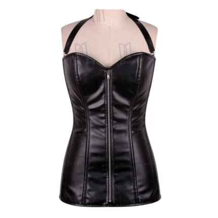 black Faux Leather Overbust Short Corset Dress