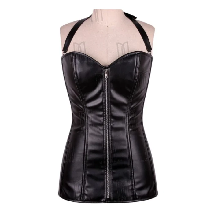 black Faux Leather Overbust Short Corset Dress