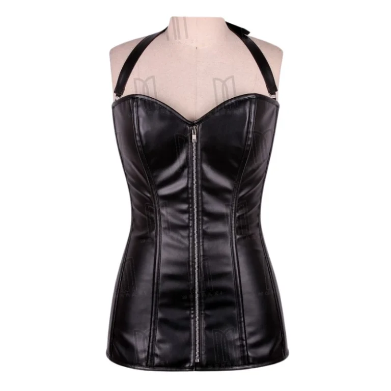 black Faux Leather Overbust Short Corset Dress