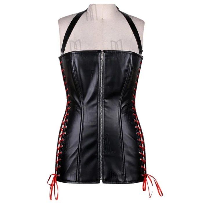 black Short Faux Leather Overbust Corset Dress