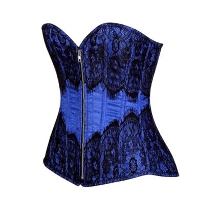 blue Brocade overbust Corset with Eyelash Lace