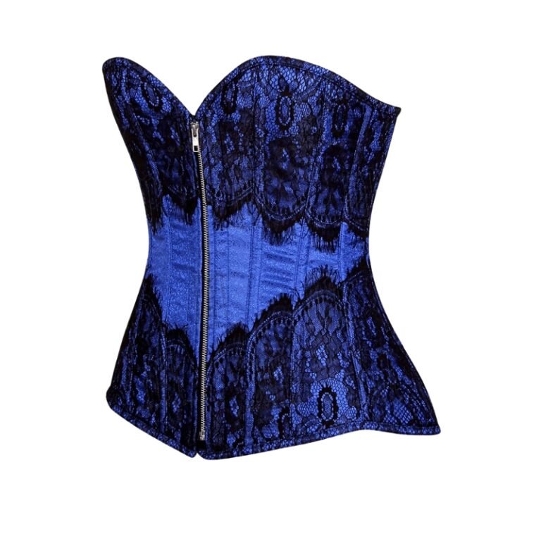 blue Brocade overbust Corset with Eyelash Lace