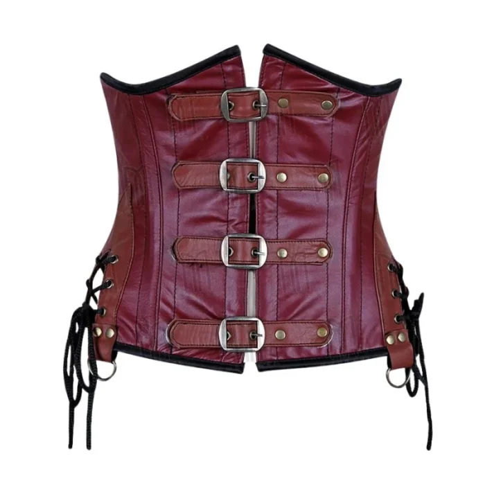 brown leather underbust corset with side laceup