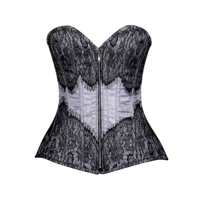 grey Brocade overbust Corset with Eyelash Lace