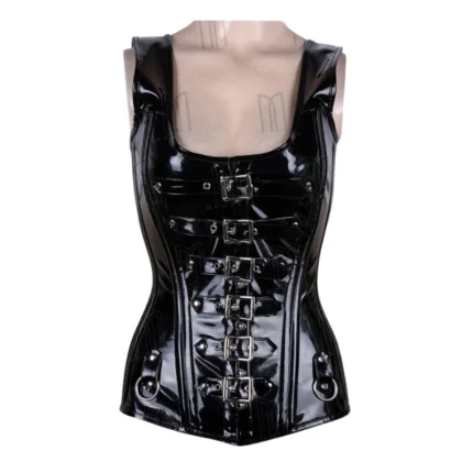 patent leather overbust corset with shoulder straps