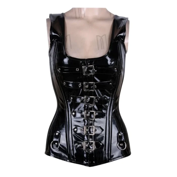patent leather overbust corset with shoulder straps