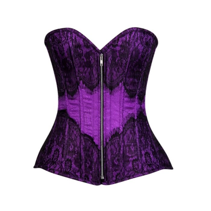 purple Brocade overbust Corset with Eyelash Lace