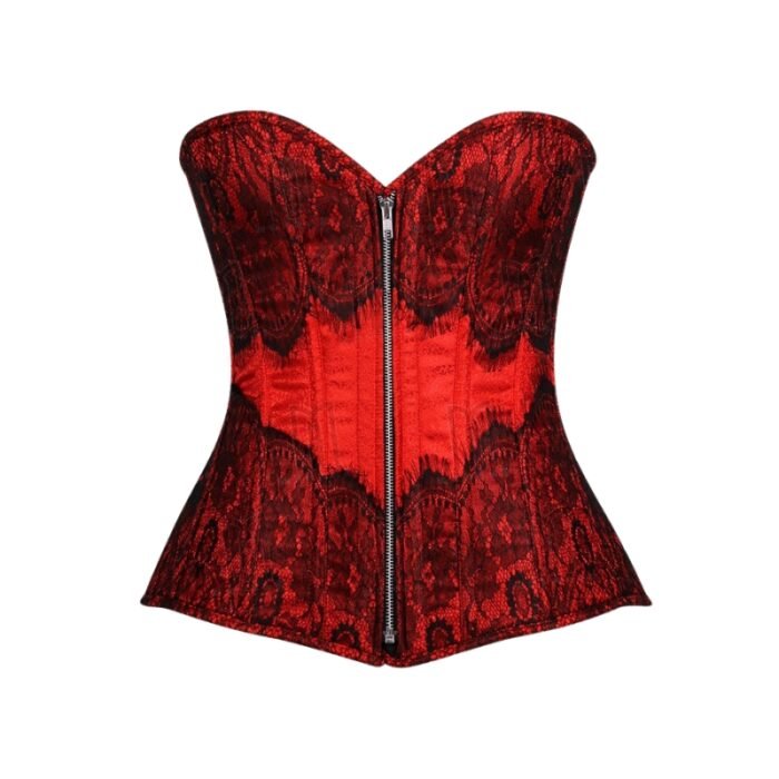 red Brocade overbust Corset with Eyelash Lace