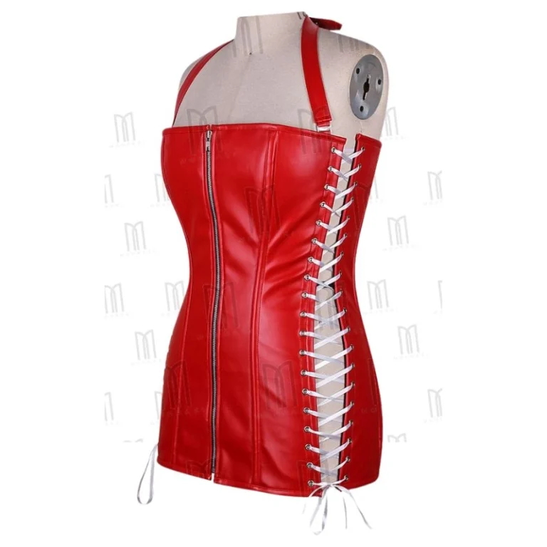 red Short Faux Leather Overbust Corset Dress with Side Lacing