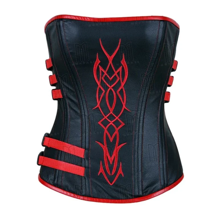 red embroided black leather overbust corset