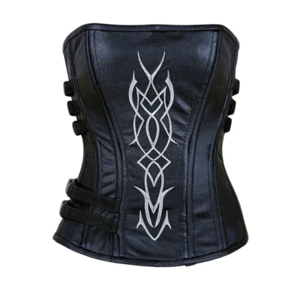 white embroided black leather overbust corset